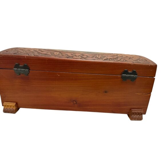 Wooden Jewelry Trinket Box Floral Carving Cottage Scene Mirror Rounded Lid Vtg - Picture 7 of 12